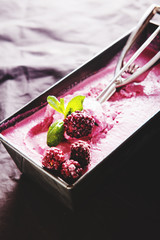 Delicious ice cream made from fresh berries close-up low key