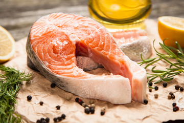 Fresh salmon on old wood