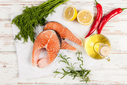 Fresh Salmon On White Wood