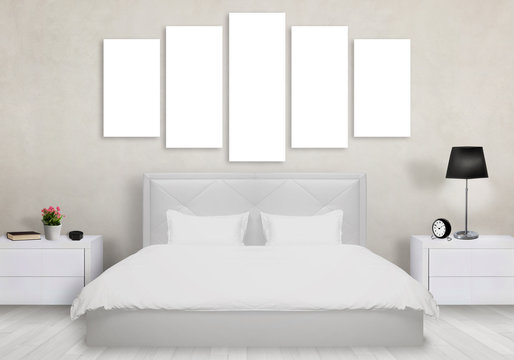 Isolated art canvas in bedroom. Bed, nightstand, lamp, plant, clock.