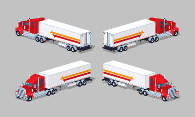 Red heavy american truck with the trailer. 3D lowpoly isometric vector illustration. The set of objects isolated against the grey background and shown from different sides
