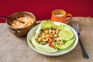 Couscous, buckkwheat, tofu and tomato with carrot - celery salad