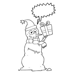 speech bubble cartoon snowman holding present