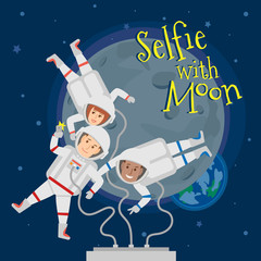 astronauts men and woman in outer space taking selfie portrait with moon .selfie with moon concept illustration