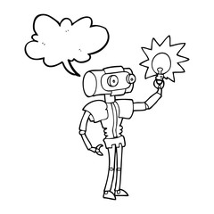 speech bubble cartoon robot with light bulb