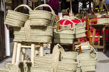 Outdoor market stall with wicker baskets