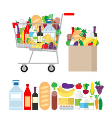 shopping grocery cart full of food and drink products. paper bag with vegetables fruits wine bakery dairy products isolated on white background