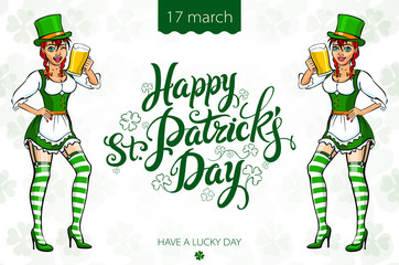 A girl in a green hat and a green dress holding a tray with a mug of ale. Congratulations to the St. Patrick's Day