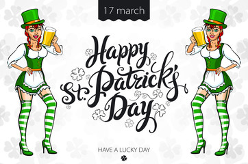 A girl in a green hat and a green dress holding a tray with a mug of ale. Congratulations to the St. Patrick's Day