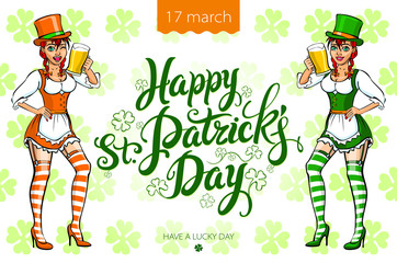 A girl in a green hat and a green dress holding a tray with a mug of ale. Congratulations to the St. Patrick's Day