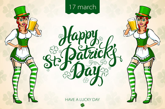 A girl in a green hat and a green dress holding a tray with a mug of ale. Congratulations to the St. Patrick's Day