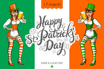 Cute girl serving Saint Patrick's Day beer - vector banner