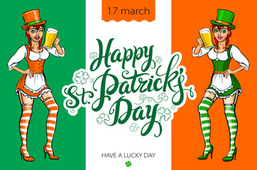 Cute girl serving Saint Patrick's Day beer - vector banner