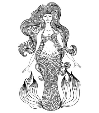 Mermaid with beautiful hair. Tattoo art. Retro banner, invitation,card, scrap booking. t-shirt, bag, postcard, poster. Vintage highly detailed black and white hand drawn vector illustration