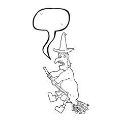 speech bubble cartoon witch flying on broom