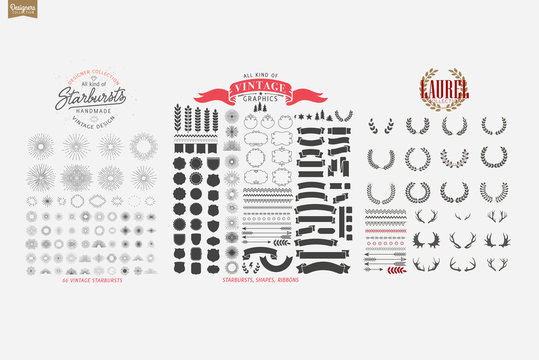 Premium design elements. Starbursts, frames and ribbons Designers Collection