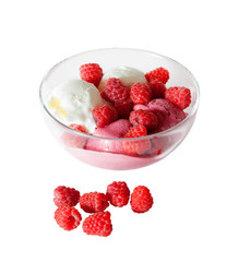 Scoops of vanilla and currant ice cream with fresh raspberry 