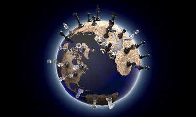 symbol of geopolitics the world globe with chess pieces - obrazy, fototapety, plakaty