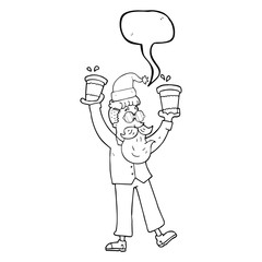 speech bubble cartoon man with coffee cups at christmas