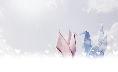 Origami couple paper crane with heart on sky