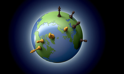 symbol of geopolitics the world globe with chess pieces