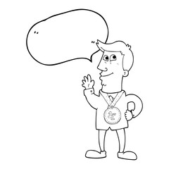 speech bubble cartoon waving man with award