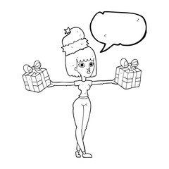 speech bubble cartoon woman with xmas presents