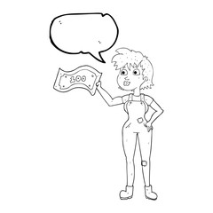 speech bubble cartoon confident farmer woman with money