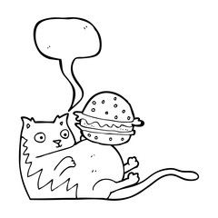 speech bubble cartoon fat cat with burger