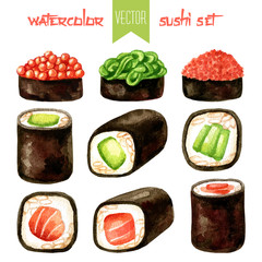 Watercolor set of sushi hosomaki rolls and gunkans