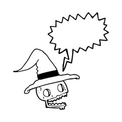 speech bubble cartoon skull wearing witch hat
