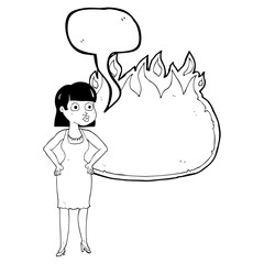 speech bubble cartoon woman in dress with hands on hips and flam