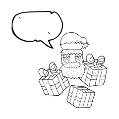 speech bubble cartoon tired santa claus face with presents