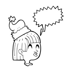 speech bubble cartoon girl wearing santa hat
