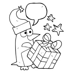 speech bubble cartoon christmas penguin with present