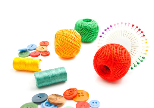 Colored Pins, Tangles Of Thread And Buttons