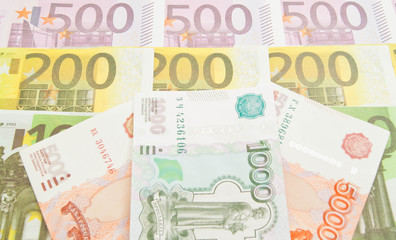 different russian banknotes and Euro banknotes
