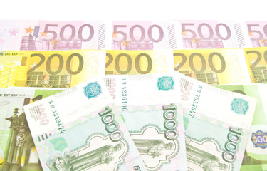 russian banknotes and Euro banknotes