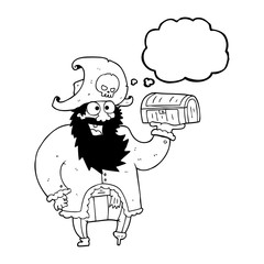 thought bubble cartoon pirate captain with treasure chest