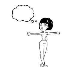 thought bubble cartoon woman spreading arms