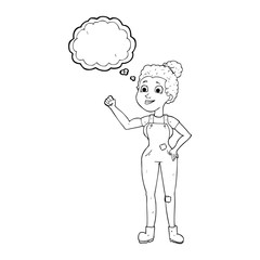 thought bubble cartoon woman in dungarees