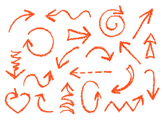 Set of hand drawn wax crayon fun red arrows. Hand painting design elements. Vector collection on white background.