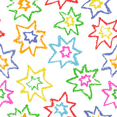 Fototapeta na wymiar Wax crayon kid`s drawn colorful stars isolated on white. Seamless pattern background, vector. Child`s drawn color pastel chalk design elements. Set of kid`s painting objects.