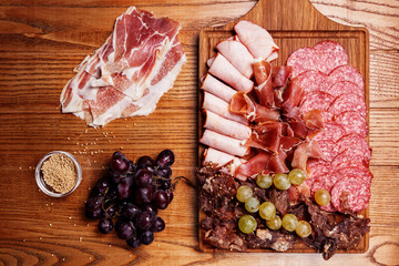 Cold meat plate, slices prosciutto, ham,beef jerky,sausage, sala