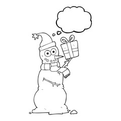 thought bubble cartoon snowman holding present
