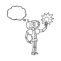 thought bubble cartoon robot with light bulb