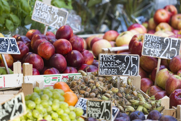 Fresh fruits on a farm market in Copenhagen, Denmark.