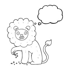 thought bubble cartoon lion with thorn in foot