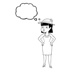 Obraz premium thought bubble cartoon woman wearing sun hat