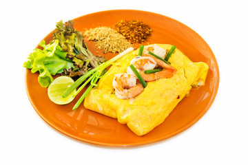 Omelet with vegetables and shrimp.